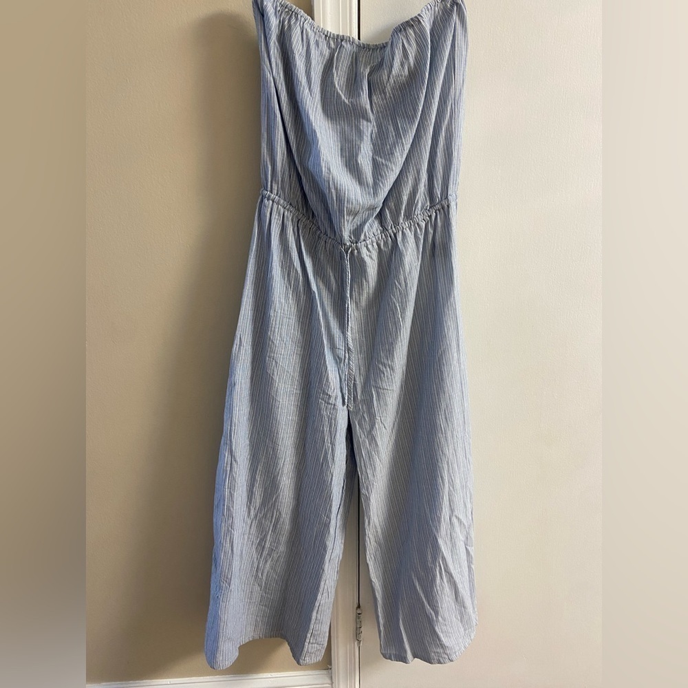 Aakaa Light Blue Pinstripe Strapless Jumpsuit